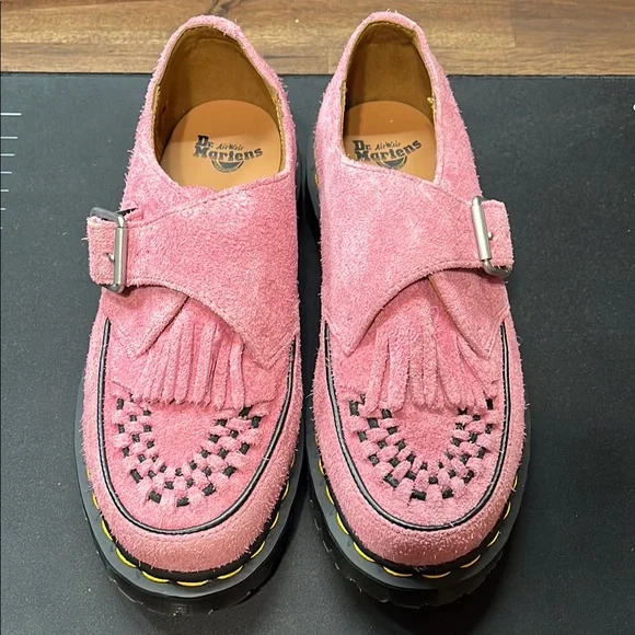 Dr. Doc Martens Ramsey Suede Kiltie Buckle Creepers Pink Fringe Loafers - Picture 2 of 10
